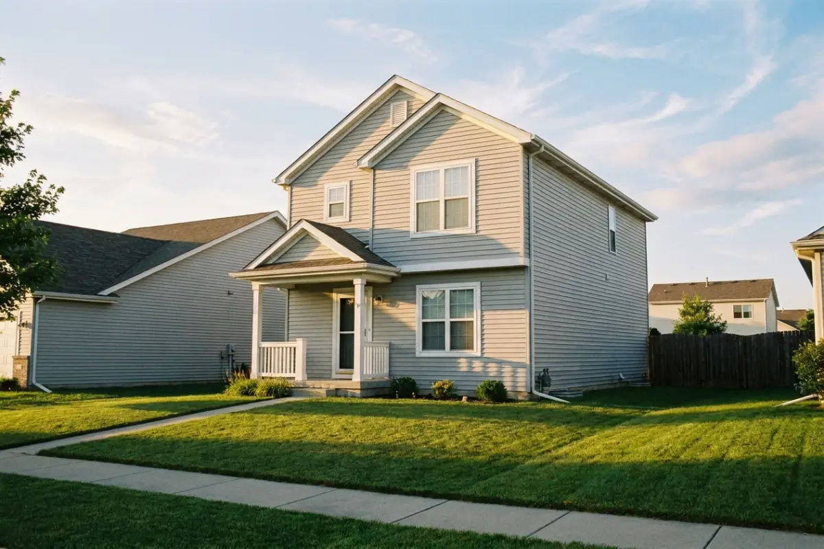 Photograph of a two-storey suburban house with grey siding and a small front porch, seen from across the lawn