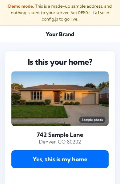 First screen of the Confirm your home kit in demo mode: Is this your home, a sample house photo, a sample address and the Yes button