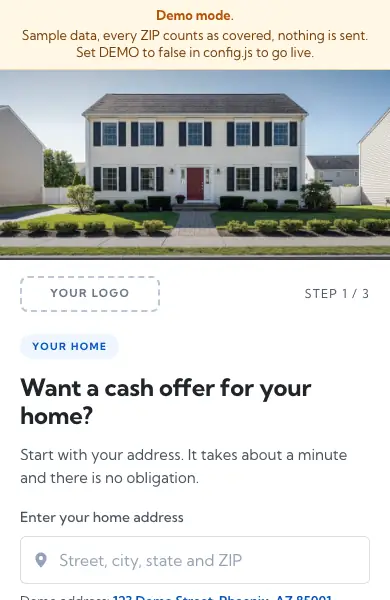 First screen of the Meta pre-lander kit in demo mode: a sample house photo, a Your logo box and the address box