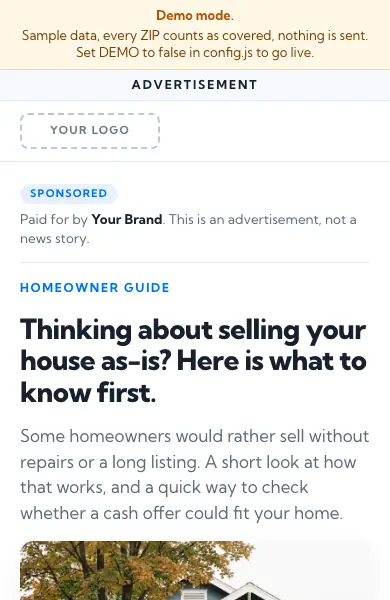 First screen of the Native advertorial kit in demo mode: an advertisement label, the sponsor line and the article headline