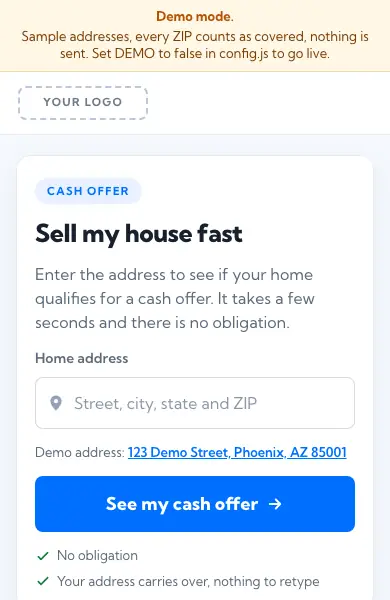 First screen of the Search landing kit in demo mode: the Sell my house fast headline, the address box and the See my cash offer button